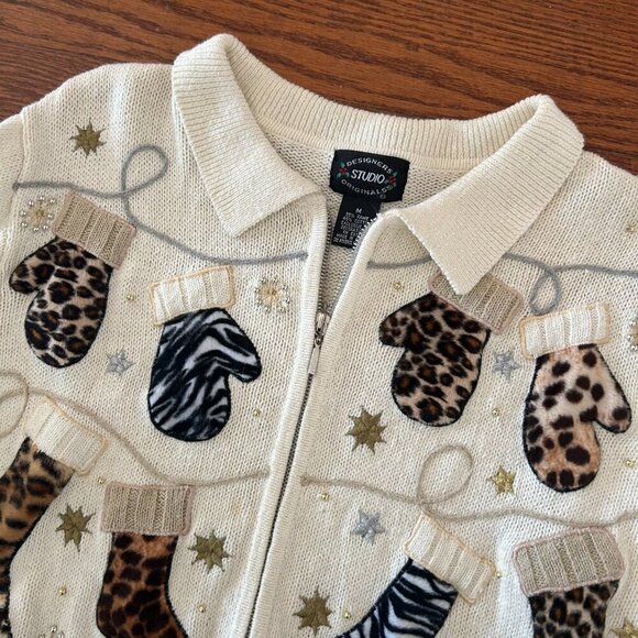 Christmas Animal Print Leopard Cheetah Stocking Full Zip Cardigan Size Medium - Picture 9 of 10